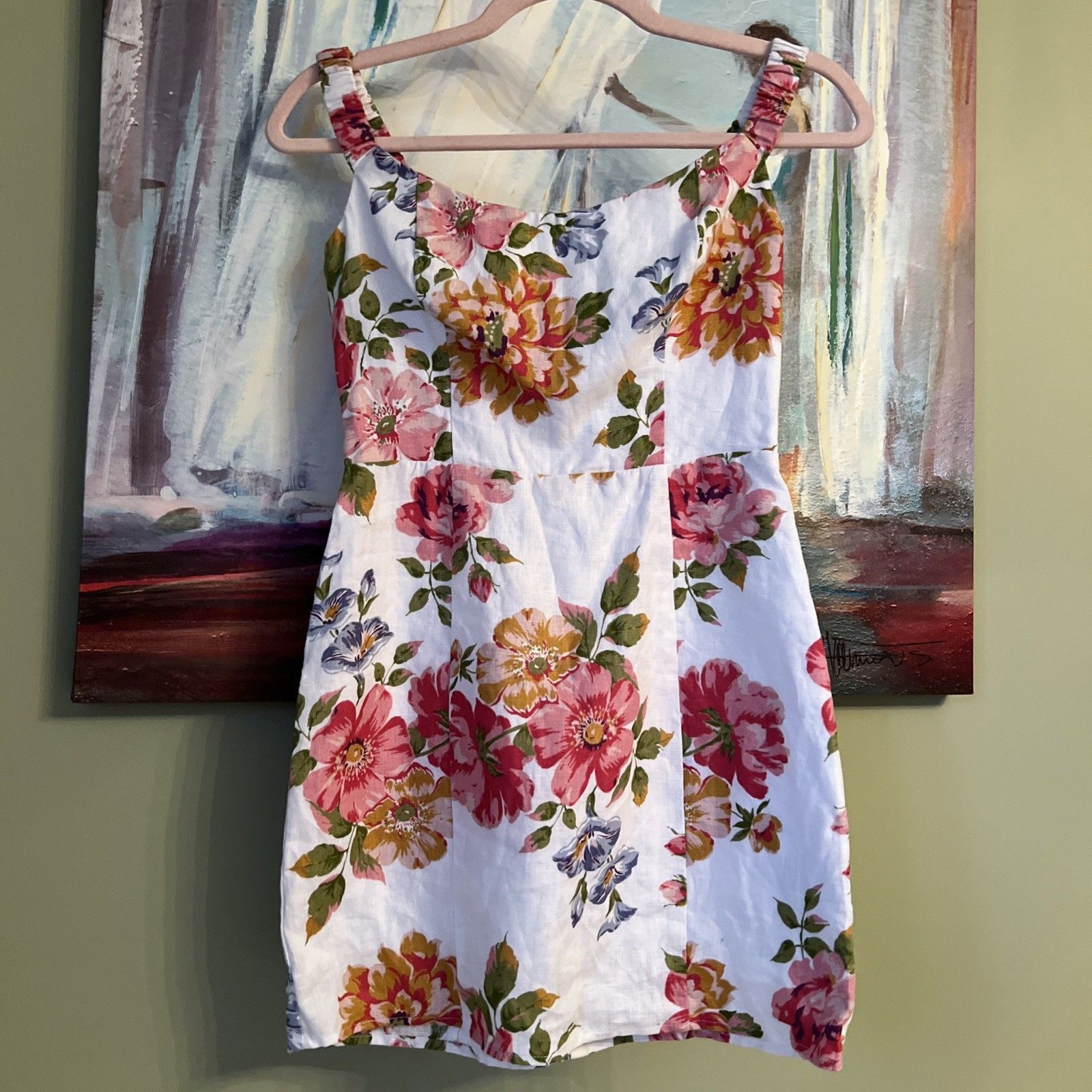 Reformation Sz 2/Xs Mini Dress White Floral Smocked Back 100% Linen Excellent